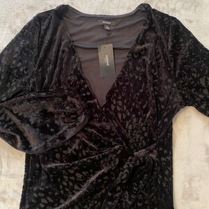Alfani Blouse Women PL Black Jewel Tone Burnout Velvet Wrap Top Animal Print NEW